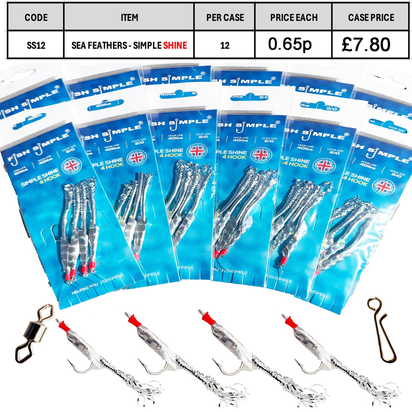 12 PACKS PER CASE, Simple SHINE Mackerel Feathers. RRP £1.49 each Over 100% profit