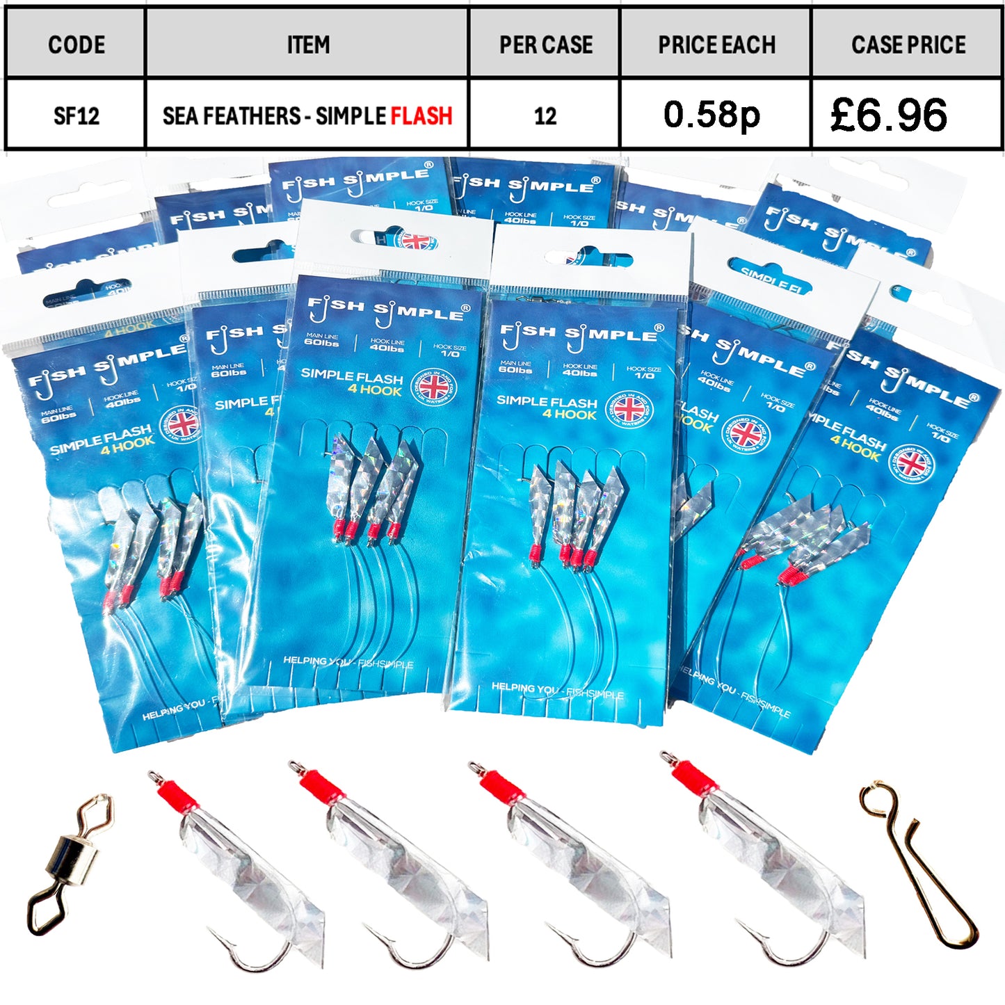 12 PACKS PER CASE, Simple FLASH Mackerel Feathers. RRP £1.49 each Over 100% profit